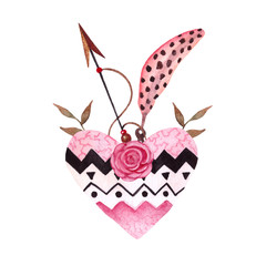 Hand painted Heart in Boho style with arrow , flowers and feather.