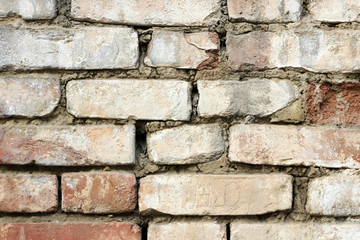 Old and dirty brick wall. The texture of the brickwork. Close-up. Grunge background with space for text or image. Empty template and mockup for designers.
