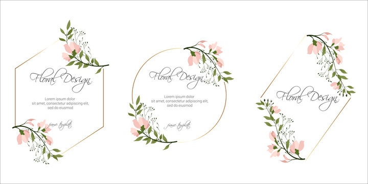 Frame on flower background. Wedding Invitation, modern card Design. geometric golden frame print. eps 8.