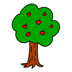 Cartoon doodle apple tree isolated on white background. Vector illustration. 