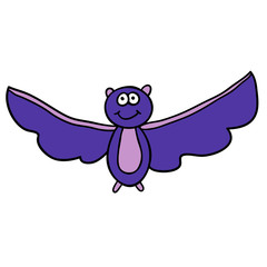 Cartoon doodle linear smiling bat isolated on white background. Vector illustration.