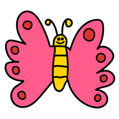 Cartoon doodle linear butterfly isolated on white background. Vector illustration.  