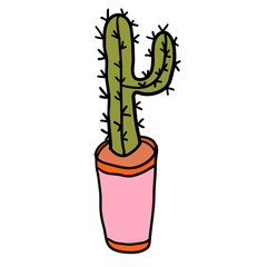 Cartoon doodle cactus in the pot isolated on white background. Vector illustration.  
