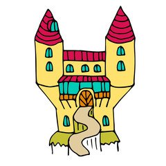 Cartoon doodle linear castle isolated on white background. Vector illustration. 