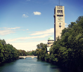 Munich, Germany - Panoramic view of the famous Deutsches Museum on an island of the Isar river