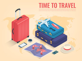 Travel equipment in Isometric style. Travel and tourism concept. Vector