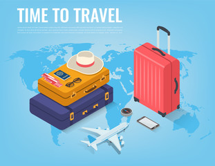 Fototapeta premium Travel equipment in Isometric style. Travel and tourism concept. Vector