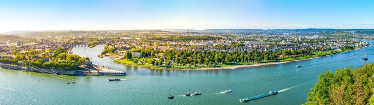 Koblenz, Blick von der Festung Ehrenbreitstein über Rhein, Mosel und die Stadt Koblenz