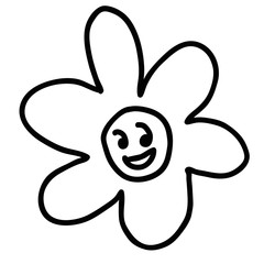 Cartoon doodle happy flower isolated on white background. Vector illustration.