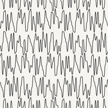 Wavy curved zig zag lines seamless vector pattern. Hand drawn dynamic shapes abstract background. Black and white simple doodles. Continuous minimal texture. Messy scrawled artistic design elements
