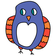 Cartoon doodle linear owl isolated on white background. Vector illustration. 