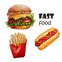 set of fast food. Watercolor hand drawn illustration of fast food.