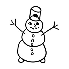Cartoon doodle linear snowman isolated on white background. Vector illustration.