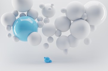 3D render wallpaper with white and blue bubbles floating in the air