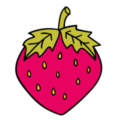 Fototapeta premium Cute colorful cartoon red strawberry with green leaves and yellow seeds isolated on white background. Vector illustration. 