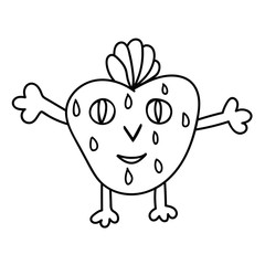 Cute cartoon strawberry character with leaves and seeds isolated on white background. Vector illustration.  