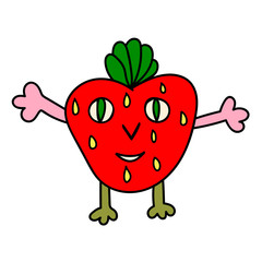 Cute colorful cartoon red happy strawberry character with green leaves and yellow seeds isolated on white background. Vector illustration.  