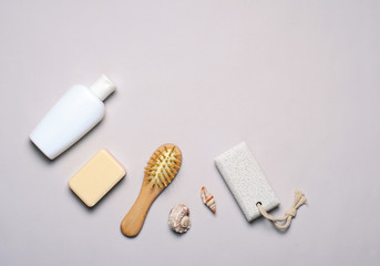 Bath Items Concept, Soap, Shampoo or Shower Gel, Hair Brush, Pumice Stone, Top View