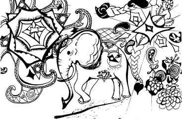 Illustration of a psychedelic elephant on a background of madhala, animals, patterns.