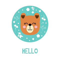 Bear cartoon  vector print, floral elements