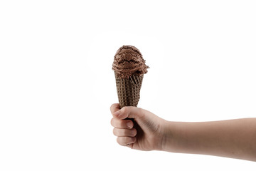 hand holding chocolate ice cream with chocolate cone isolated on white background