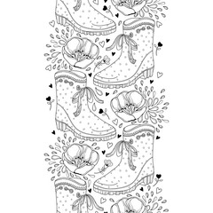 Vector vertical seamless pattern with outline open tulip flowers, rubber boot and hearts in black on the white background. Ornate contour tulips and gumboot for springtime design and coloring book.