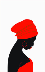 Beautiful girl with a turban on the head  (profile view).The girl tilted her head.   Pensive and modest young girl with dark skin. Brown and orange color. Vector illustration.
