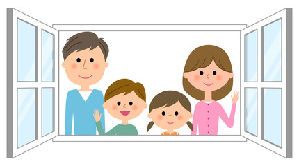 窓から顔を出すファミリー
