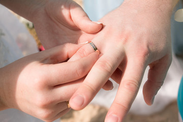Obraz na płótnie Canvas Newlyweds wear rings. Hands newlyweds.