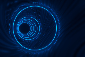 Round tunnel with reflective walls and neon circle illumination 3D Illustration