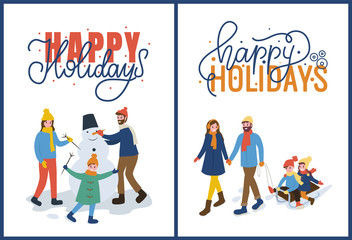 Mother and father with child in warm clothes making snowman, going man and woman holding sleigh with sitting daughter and son. Happy holidays card vector