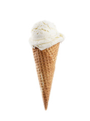 Vanilla ice cream scoop with cone isolated on white background