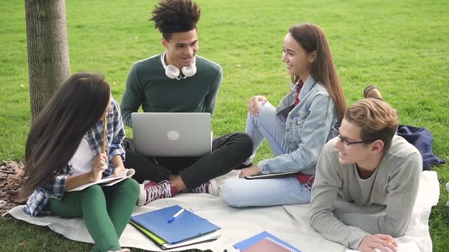 Young students are sitting on the grass and joyfully chatting together. They using coputer and notebooks to share and note all important points. Strongly freind's connection and digital technology