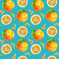 watercolor hand-drawn seamless pattern of citrus: orange. Great for packaging juices, ice cream and other citrus fruit products