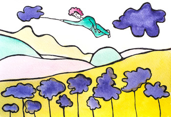 Watercolor surreal illustration of man flying under the trees and the yellow hills. Man with pink hair holding the violet cloud. Art for children book, poster, print or banner