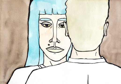 Watercolor portrait of woman with blue hair peeping behind the man. Dancing couple. Hand drawn illustration on brown background