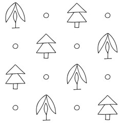 Seamless vector pattern. symmetrical background with hand drawn decorative trees. Black and white print. Graphic design, illustration for wrapping, wallpaper, fabric, packaging, textile