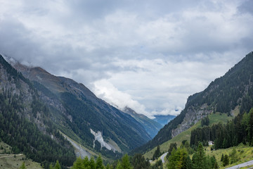 Obraz na płótnie Canvas Mountains, peaks, lake, everlasting ice and trees landscape. Kaunertaler Gletscher natural environment. Hiking in the alps, Kaunertal, Tirol, Austria, Europe