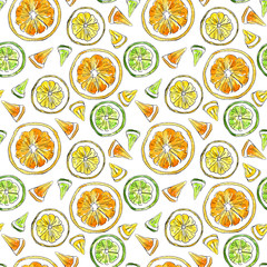 watercolor hand-drawn seamless pattern of citrus: lemon, Mandarin, lime, orange. Great for packaging juices, ice cream and other citrus fruit products