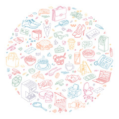 Vector doodle illustration of day in round shape. Sketch outline set with business symbols. Office handmade drawing icon.