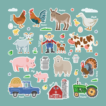 Vector collection color farm illustration with old farmer, dog, barn, cow, sheep, donkey, pig, chicken, rooster, duck, turkey, goat, truck and tractor. Big comic set of country and agriculture objects