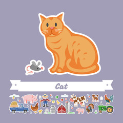  Vector flat illustration of cartoon cat and mouse. Comic isolated funny pet. Farming collection character stickers.