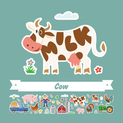 Obraz na płótnie Canvas Vector flat illustration of cartoon cow. Comic isolated milk farm. Farming collection cute stickers.