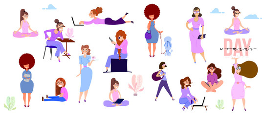 Fototapeta na wymiar Crowd of tiny women active in the park. Flat design style vector graphic illustration various girls set.