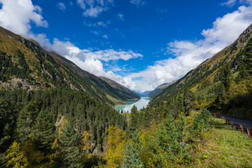 Mountains, peaks, lake, everlasting ice and trees landscape. Kaunertaler Gletscher natural environment. Hiking in the alps, Kaunertal, Tirol, Austria, Europe