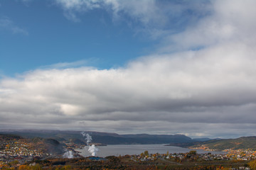 Cornern Brook town in Newfoundland, Canada during the fall with clouds and blue sky