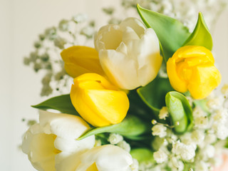 White and yellow tulips. Greeting card