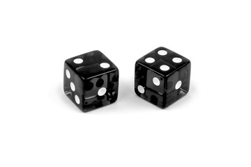 Two black glass dice isolated on white background. Two and four.