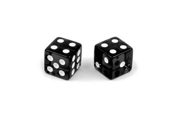 Two black glass dice isolated on white background. Four and four.