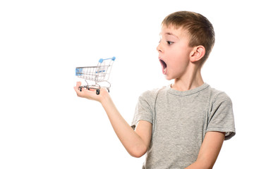 Surprised boy with open mouth holding a small metal shopping cart on a palm. Isolate on white background. Trading concept.